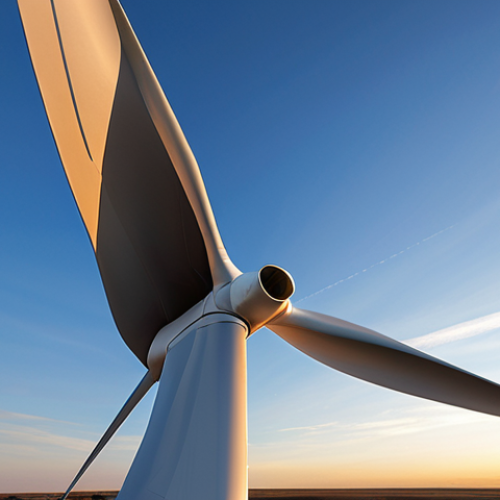 Home 22 **Image Prompt 1:** A close-up, dynamic shot of a massive, ultra-modern wind turbine blade, intricately designed with advanced aerodynamic profiles, made from lightweight carbon fiber composites. The blade, over 100 meters long, appears both powerful and elegant, gently curving as if in motion against a backdrop of a clear, expansive sky. Subtle light reflections emphasize its sleek, optimized surface, conveying cutting-edge engineering and maximum energy capture.
