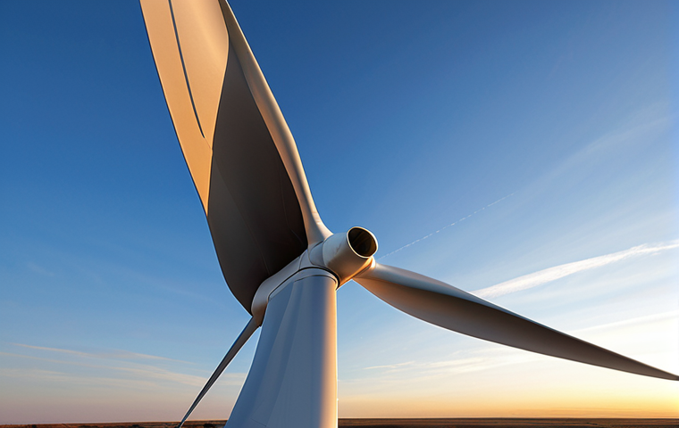 **Image Prompt 1:** A close-up, dynamic shot of a massive, ultra-modern wind turbine blade, intricately designed with advanced aerodynamic profiles, made from lightweight carbon fiber composites. The blade, over 100 meters long, appears both powerful and elegant, gently curving as if in motion against a backdrop of a clear, expansive sky. Subtle light reflections emphasize its sleek, optimized surface, conveying cutting-edge engineering and maximum energy capture.