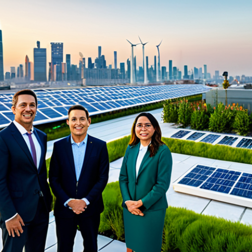 Home 21 A diverse group of professional individuals, fully clothed in modern business attire, standing on a futuristic rooftop garden, overlooking a vibrant, sustainable cityscape at dawn. The city skyline features integrated solar panels on buildings, sleek wind turbines in the distance, and subtle, luminous pathways symbolizing green hydrogen energy flow. The atmosphere is optimistic and conveys hope for a clean future. Professional photography, cinematic lighting, high detail, perfect anatomy, correct proportions, natural pose, well-formed hands, proper finger count, natural body proportions. safe for work, appropriate content, fully clothed, professional dress, modest clothing, family-friendly.