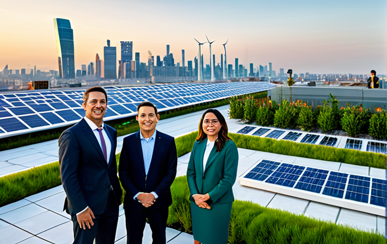 A diverse group of professional individuals, fully clothed in modern business attire, standing on a futuristic rooftop garden, overlooking a vibrant, sustainable cityscape at dawn. The city skyline features integrated solar panels on buildings, sleek wind turbines in the distance, and subtle, luminous pathways symbolizing green hydrogen energy flow. The atmosphere is optimistic and conveys hope for a clean future. Professional photography, cinematic lighting, high detail, perfect anatomy, correct proportions, natural pose, well-formed hands, proper finger count, natural body proportions. safe for work, appropriate content, fully clothed, professional dress, modest clothing, family-friendly.