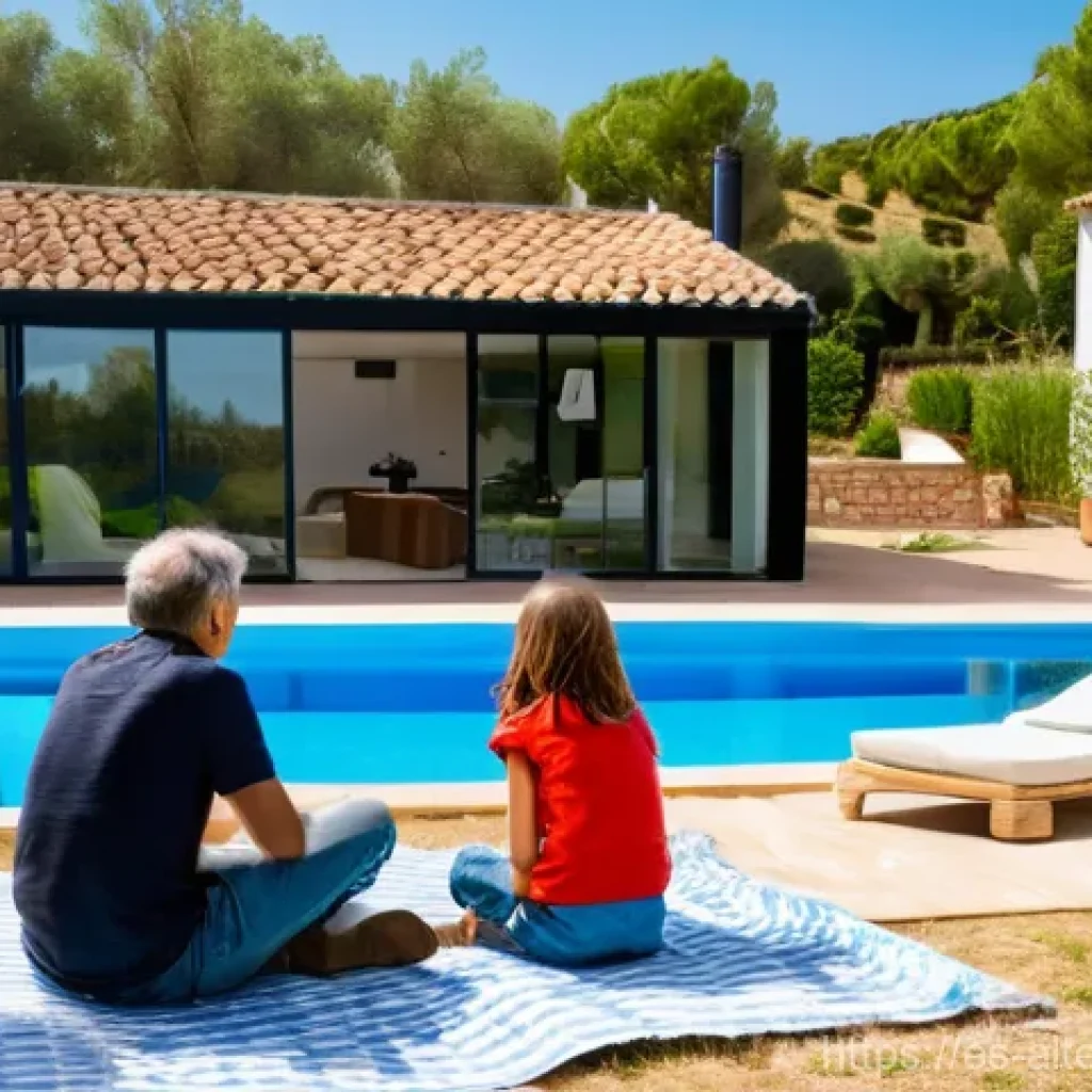 풍력 발전 설치 방법 - A serene, sunlit scene featuring a modern Spanish villa with a tasteful, small horizontal-axis wind ...