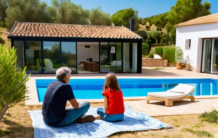 풍력 발전 설치 방법 - A serene, sunlit scene featuring a modern Spanish villa with a tasteful, small horizontal-axis wind ...