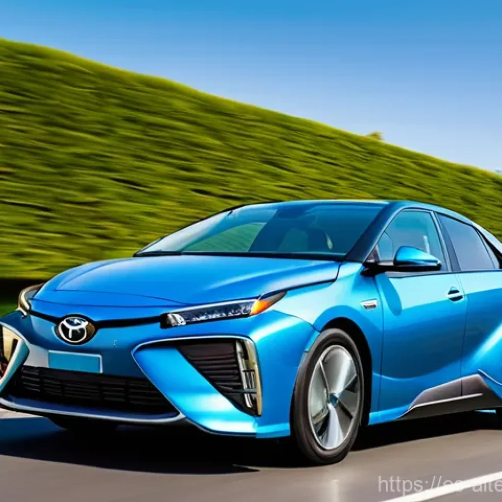 자동차용 수소 연료전지 - **Prompt 1: The Dawn of Clean Mobility**
"A sleek, futuristic hydrogen fuel cell car (e.g., remi...