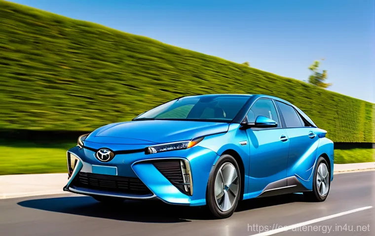 자동차용 수소 연료전지 - **Prompt 1: The Dawn of Clean Mobility**
"A sleek, futuristic hydrogen fuel cell car (e.g., remi...