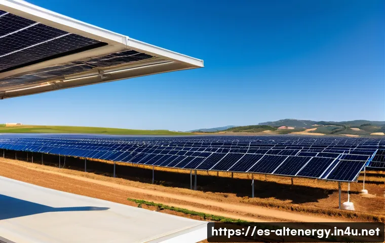 대체에너지 투자 - A modern solar photovoltaic farm in a sunny Spanish countryside, featuring rows of sleek solar panel...