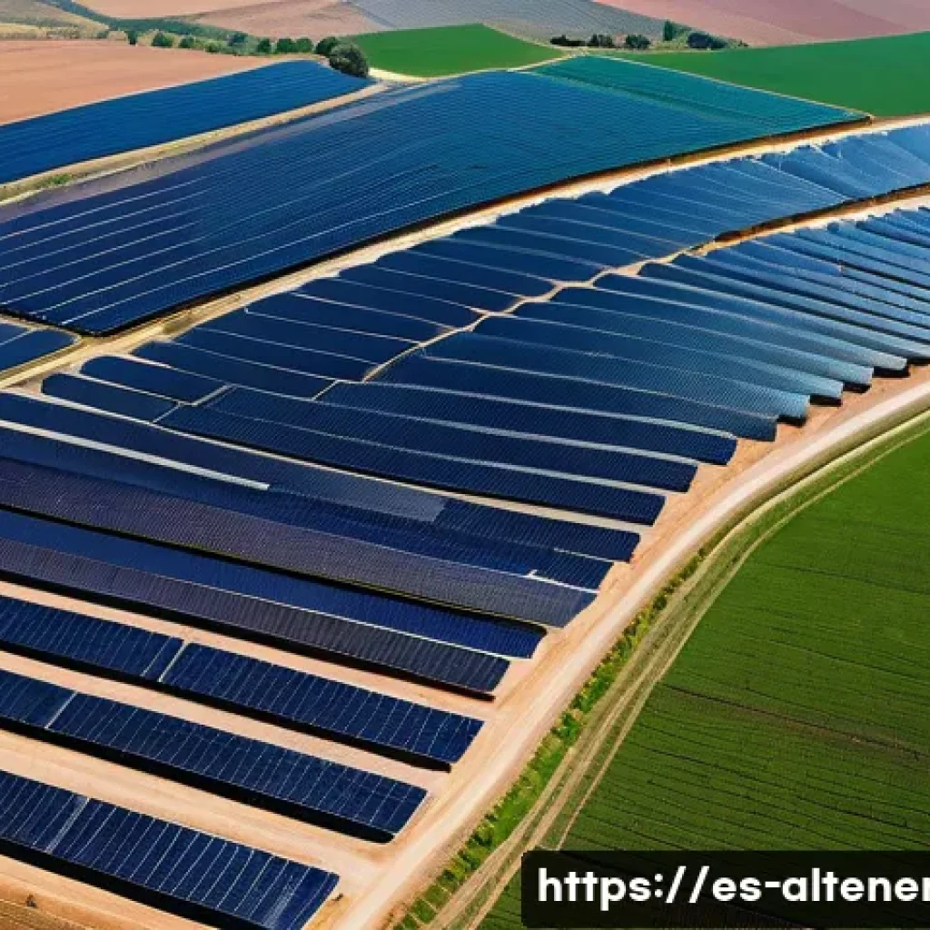 대체에너지 시장 가격 분석 - A vibrant and detailed aerial view of a modern solar photovoltaic farm in Spain, featuring rows of s...