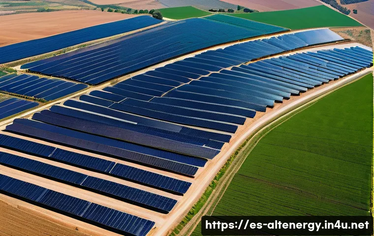대체에너지 시장 가격 분석 - A vibrant and detailed aerial view of a modern solar photovoltaic farm in Spain, featuring rows of s...