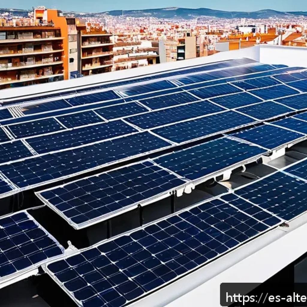 대체에너지 연구 논문 - A vibrant urban rooftop in a Spanish city like Madrid, featuring high-efficiency perovskite solar pa...
