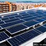 대체에너지 연구 논문 - A vibrant urban rooftop in a Spanish city like Madrid, featuring high-efficiency perovskite solar pa...
