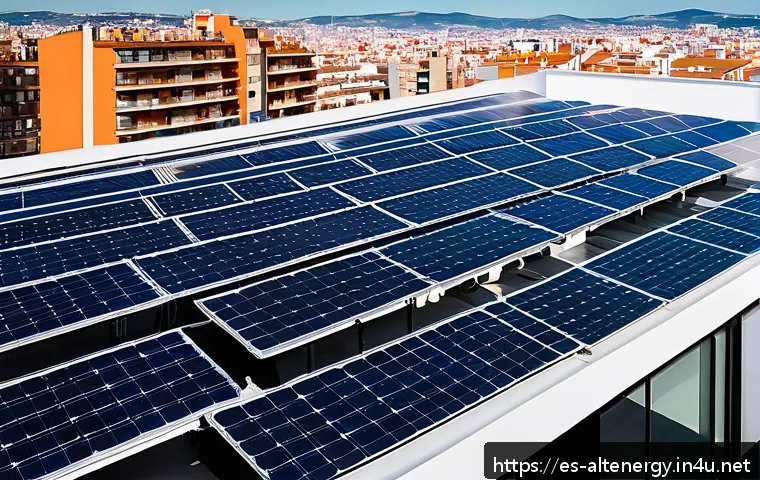 대체에너지 연구 논문 - A vibrant urban rooftop in a Spanish city like Madrid, featuring high-efficiency perovskite solar pa...