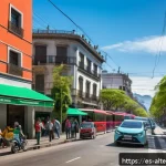 자동차 대체에너지 - A vibrant urban street scene in a major Latin American city such as Santiago or Mexico City, showcas...