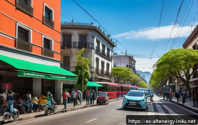 자동차 대체에너지 - A vibrant urban street scene in a major Latin American city such as Santiago or Mexico City, showcas...