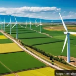 산업용 풍력 발전 - A vibrant rural community in Latin America during daytime, featuring a modern wind farm with tall wh...