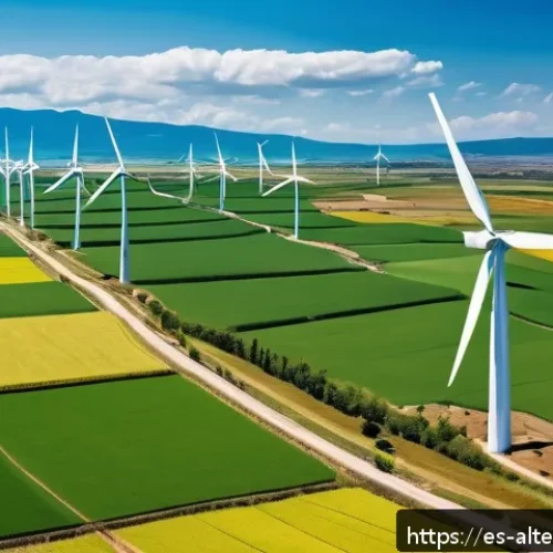 산업용 풍력 발전 - A vibrant rural community in Latin America during daytime, featuring a modern wind farm with tall wh...
