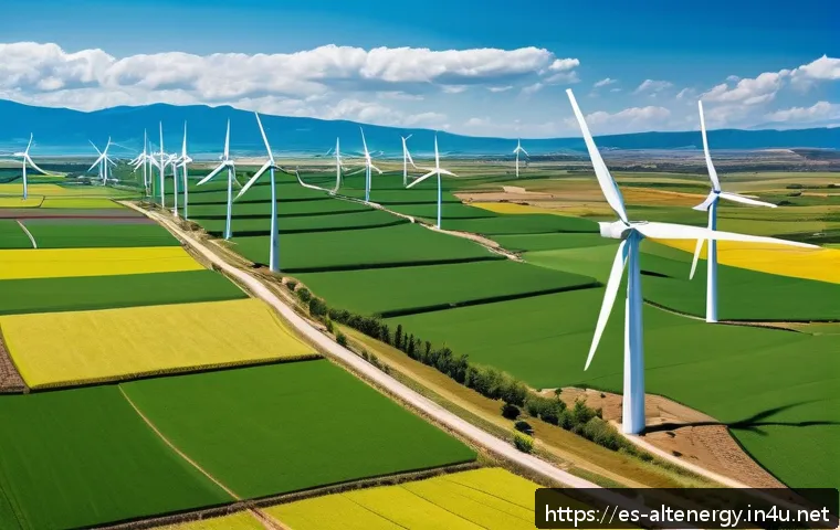 산업용 풍력 발전 - A vibrant rural community in Latin America during daytime, featuring a modern wind farm with tall wh...