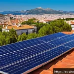 재활용 가능한 에너지 시스템 - A modern Spanish suburban home rooftop featuring an array of solar panels optimally oriented southwa...