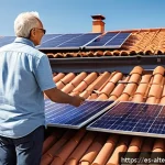 대체에너지 투자 전략 - A modern residential rooftop solar panel installation in a sunny Spanish suburban neighborhood, with...