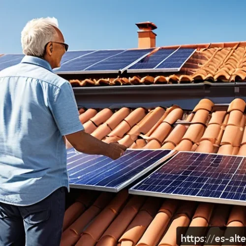 대체에너지 투자 전략 - A modern residential rooftop solar panel installation in a sunny Spanish suburban neighborhood, with...
