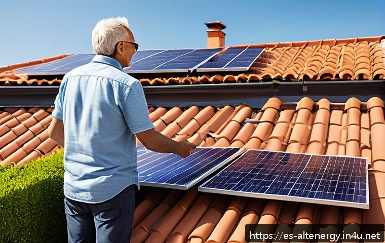 대체에너지 투자 전략 - A modern residential rooftop solar panel installation in a sunny Spanish suburban neighborhood, with...