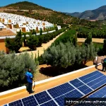 대체에너지로 인한 지역 발전 - Photorealistic wide-angle view of a sunlit Andalusian village revitalized by renewable energy, terra...