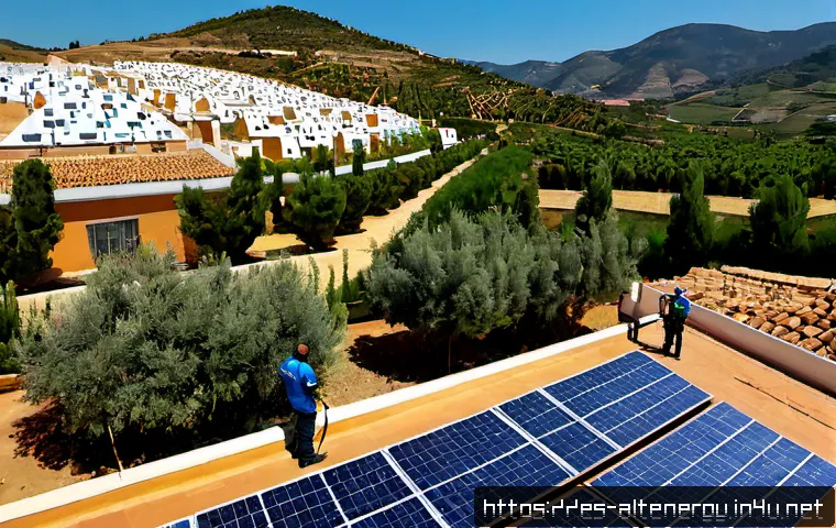 대체에너지로 인한 지역 발전 - Photorealistic wide-angle view of a sunlit Andalusian village revitalized by renewable energy, terra...