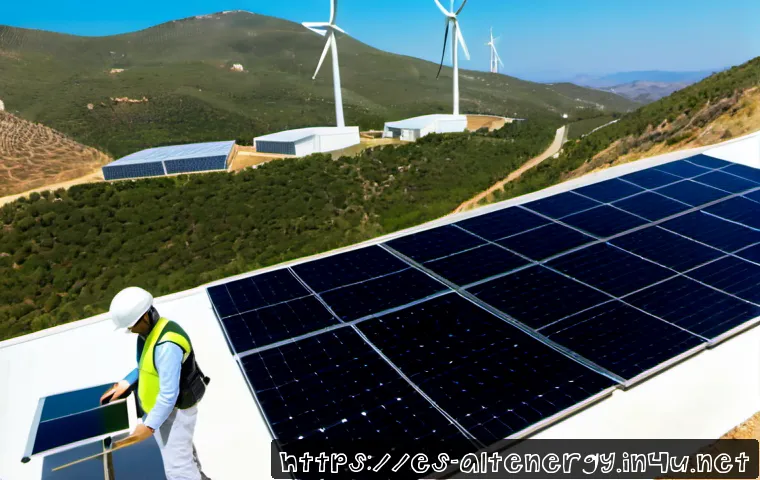 대체에너지 기술의 글로벌 경쟁력 - Photorealistic wide-angle view of a modern renewable energy research campus in southern Spain, gleam...