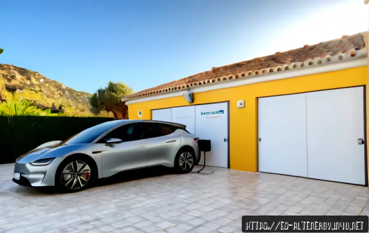 에너지 저장 시스템 ESS - Photorealistic residential energy storage system in a modern Spanish villa garage, sleek wall-mounte...