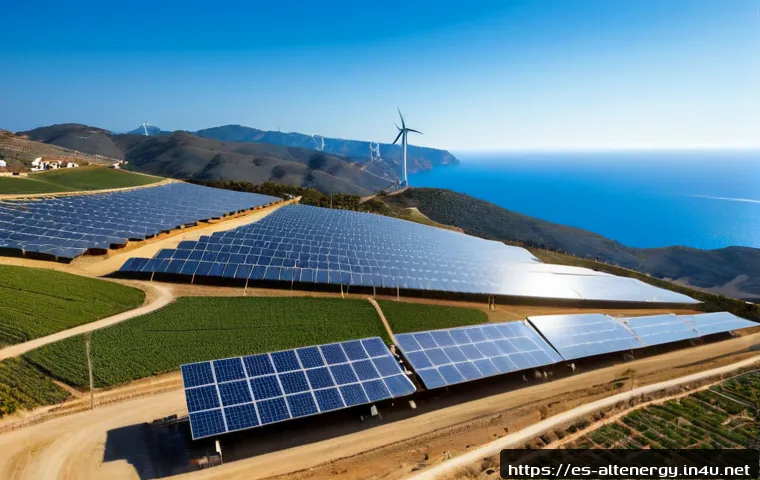 대체에너지의 글로벌 동향 - Photorealistic wide aerial view of a sunlit Spanish coastal renewable energy landscape, orderly rows...