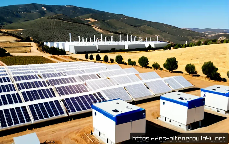 에너지 저장 배터리 기술 - Photorealistic modern renewable energy storage facility in a sunlit Spanish countryside, clean rows ...