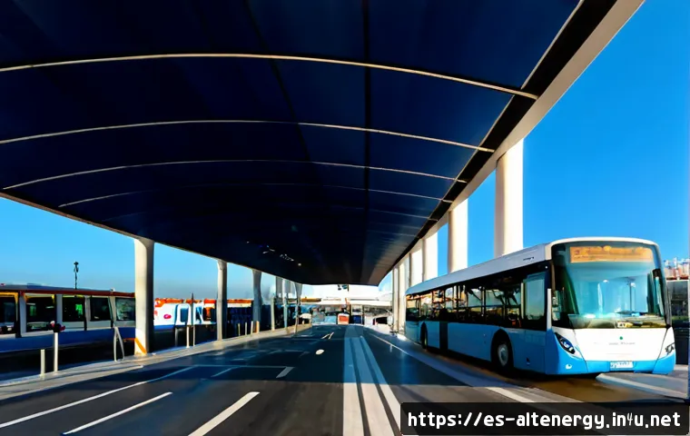 대체에너지와 교통 - Photorealistic wide-angle scene of a modern electric city bus charging beneath solar-panel canopies ...